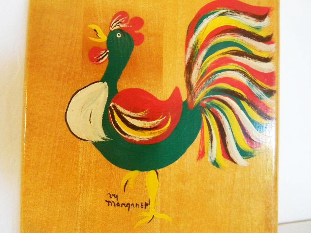 Rooster Wood Maple Cutting Board - Retro Midcentury Farmhouse Granny Chic - Hand Painted Hard Wood Maple - Signed 1950's - 60's