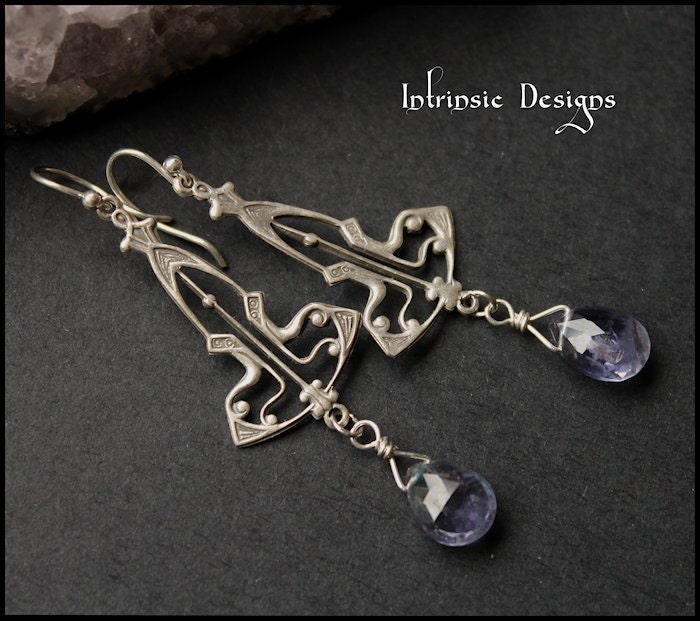 Iolite Gemstone and Silver Earrings, Art Nouveau, Sterling Silver Ear Wires