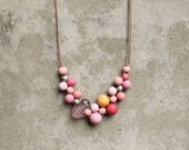 Wooden bead necklace, pink, lilac, coral, yellow, bib necklace, pastel, contemporary, bubble necklace, funky.