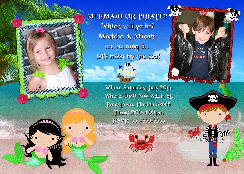PIRATE MERMAID Invitation Birthday TWINS Pirates Treasure Party Boy or Girl twin or friends theme Skull cross bones Ship Sail Unique invite
