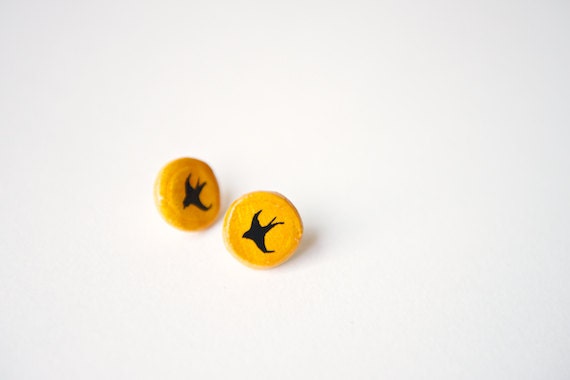 Black Bird Ceramic Earrings, Vintage Inspired in Orange by RossLab