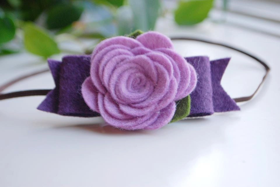 Purple Felt Rose Headband backed with a dark purple bow, Wool Felt Headband in Two Shades of Purple on Thin Brown Elastic