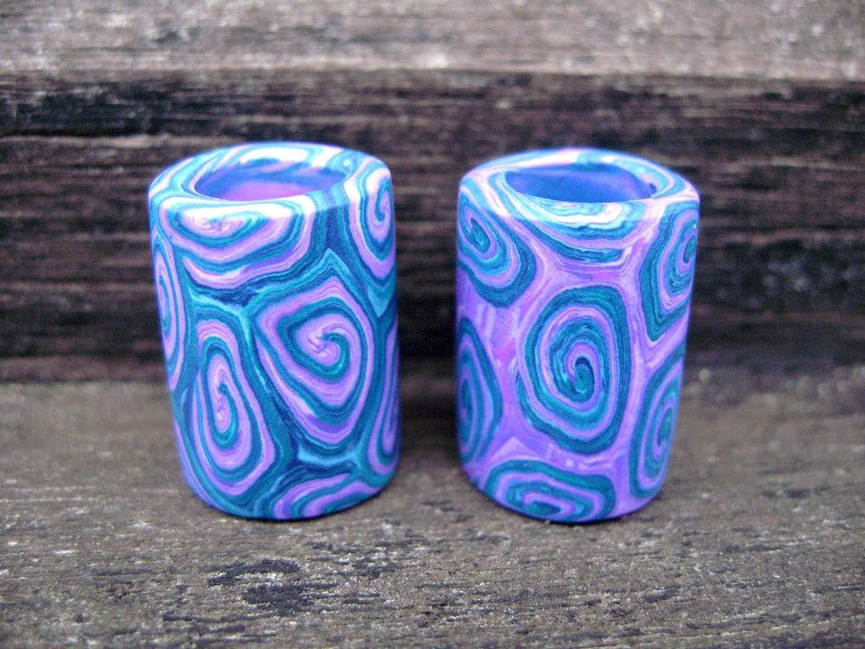 Dreadlock beads, bright pink and teal, large pair, millefiori spiral patterns, handmade from polymer clay