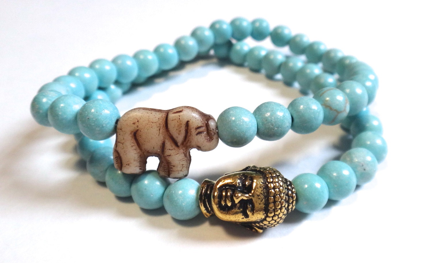 Bracelet Set: Light Blue Beaded Bracelets with Elephant and Gold Buddha