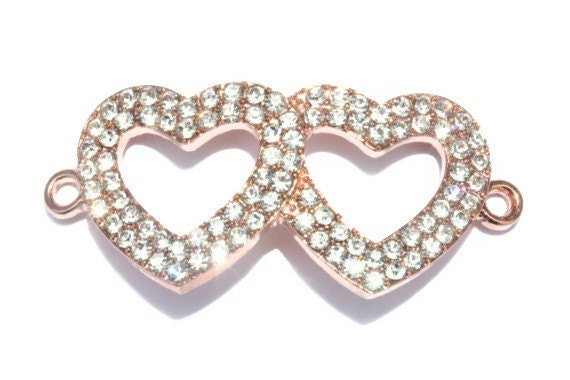 Rose Gold Double Heart Connector - Rhinestone Heart Connector - Rhinestone Connector - Heart Bracelet Connector - Rhinestone Heart Charm