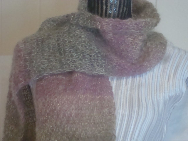 Knit  Scarf.Pink/Tan/Green.Mohair.Wool.Sparkle.Fringe.Wide.Long.New.Woman.Graduated  Colors.Gift.Ready  to  ship.