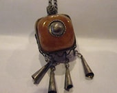 Unique Vintage Amber Square Pendant Necklace with Intricate Silver Metal Wrap and Dot Bells Charms Dangles