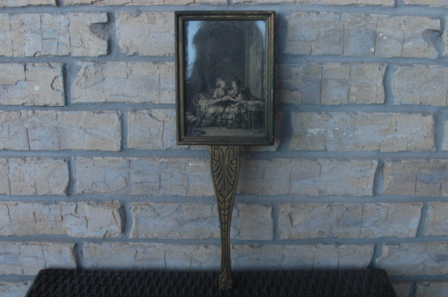Antique Art Deco Hand Held Mirror with Framed Picture of Victorian Ladies in Sitting Room Golden Gilding RARE