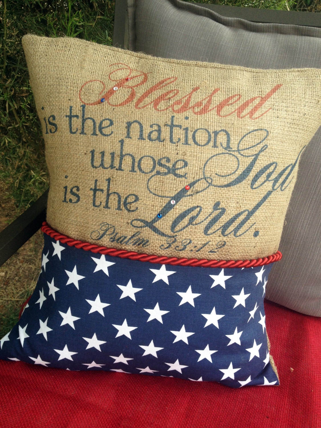Blessed is the Nation, Patriotic Burlap Pillow Cover