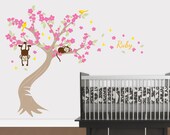 Blowing Blossom Tree with Monkeys, Butterflies and Birds, Monkey Tree Wall Decal with Birds for Baby Nursery, Childrens or Kids Room