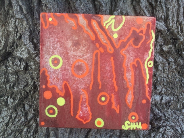 Original small 6x6 Fluid Abstract Painting, OOAK Bright Mixed Media Psychedelic Artwork