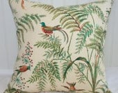 Schumacher Woodland Scene Pillow Cover / 18 X 18 / Creme with green fern foliage and birds