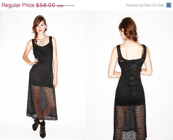 FESTIVAL SALE Vintage Black Sheer Crochet Maxi Dress