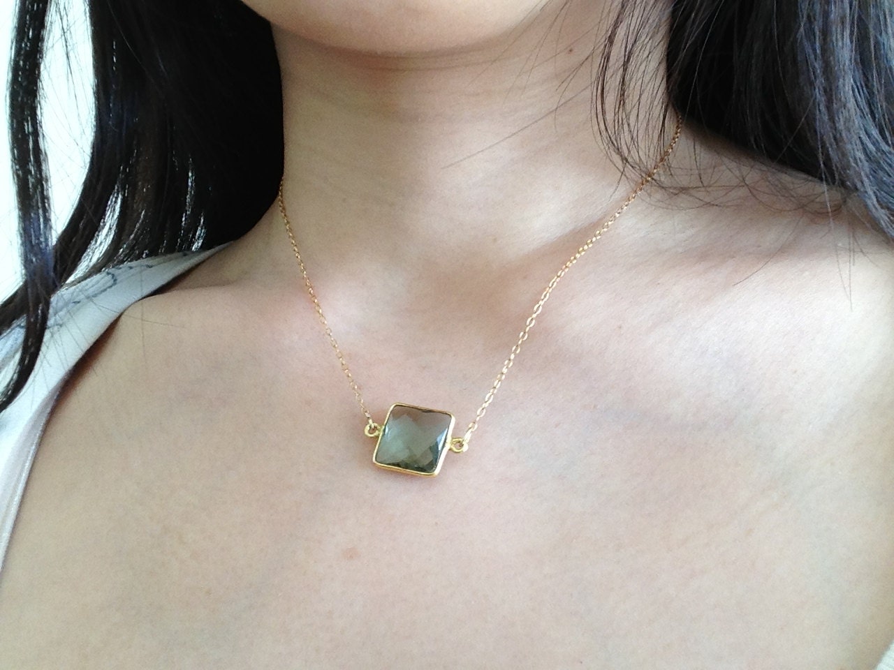 Green Quartz Square Bezel Gold Necklace