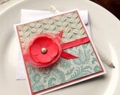 Coral and Mint Floral Blank Greeting Card for her, Women Blank Inside, Paisley Stamp Embossed, Ribbon, Glitter