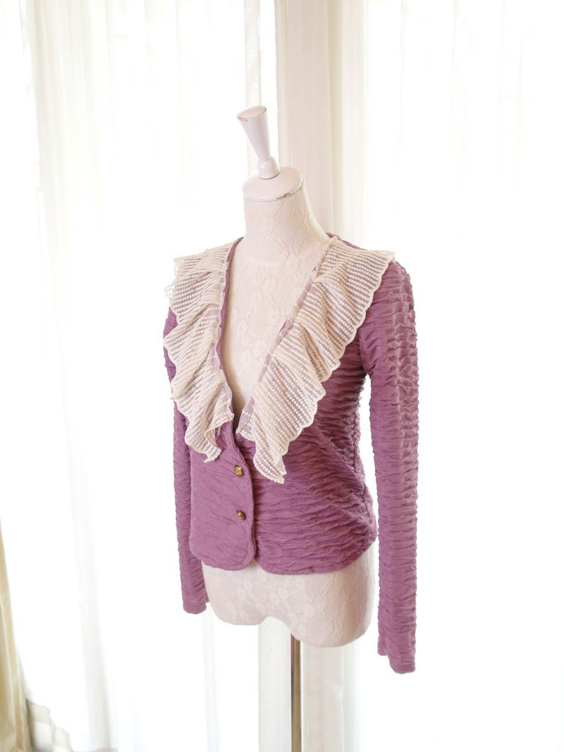 Spring Love Lavender purple Lace Applique Collar women cropped jacket cardigan Victorian