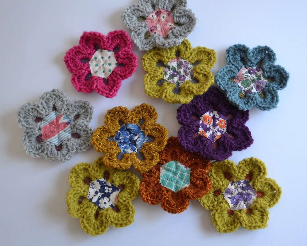 Crochet Flower and Vintage Fabric Brooch Pin with Wool Felt back Spring Pop of Color
