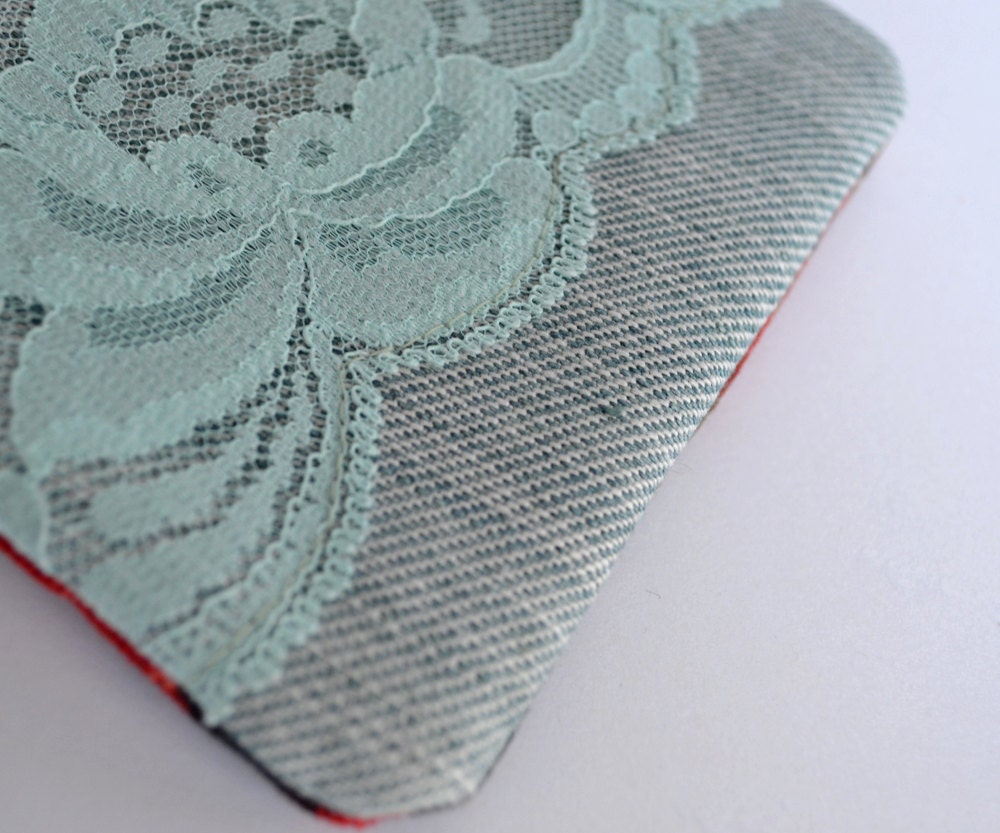 The Allison - floral vintage lace zipper pouch with zipper closure denim and floral cotton canvas