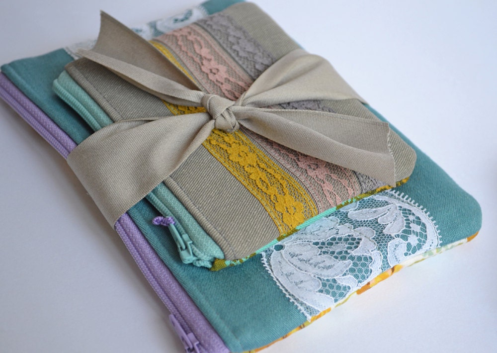 NEW - The Medium Allison - floral vintage lace zipper pouch with zipper closure cotton cotton and denim