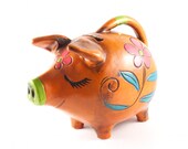 Sleepy Pig Piggy Bank Hippie Kitsch Flowers Burnt Orange / Vintage 60s 70s