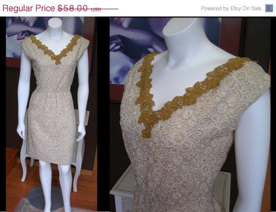 50% OFF FINAL CLEARANCE Vintage 1950s Khaki Cream Wiggle Dress Intricately Embroidered Flowers Mad Men Rockabilly Larger Size
