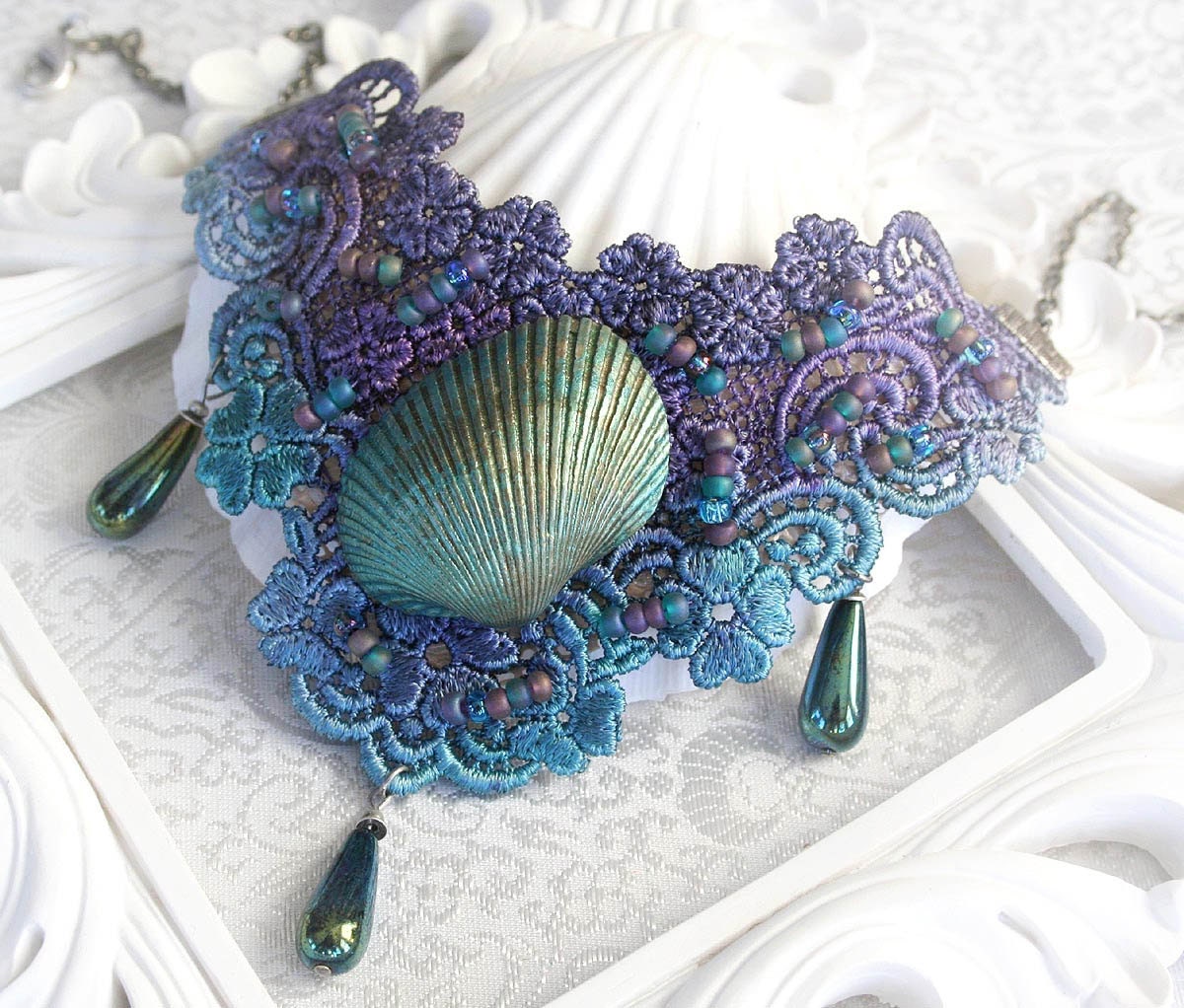 JEWEL of the SEA ombre dyed venice lace Victorian mermaid choker with seashell focal, free gift boxing