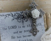 MY STRENGTH and SONG Victorian style ornate silver cross necklace with white rose and Scripture card, gift boxed