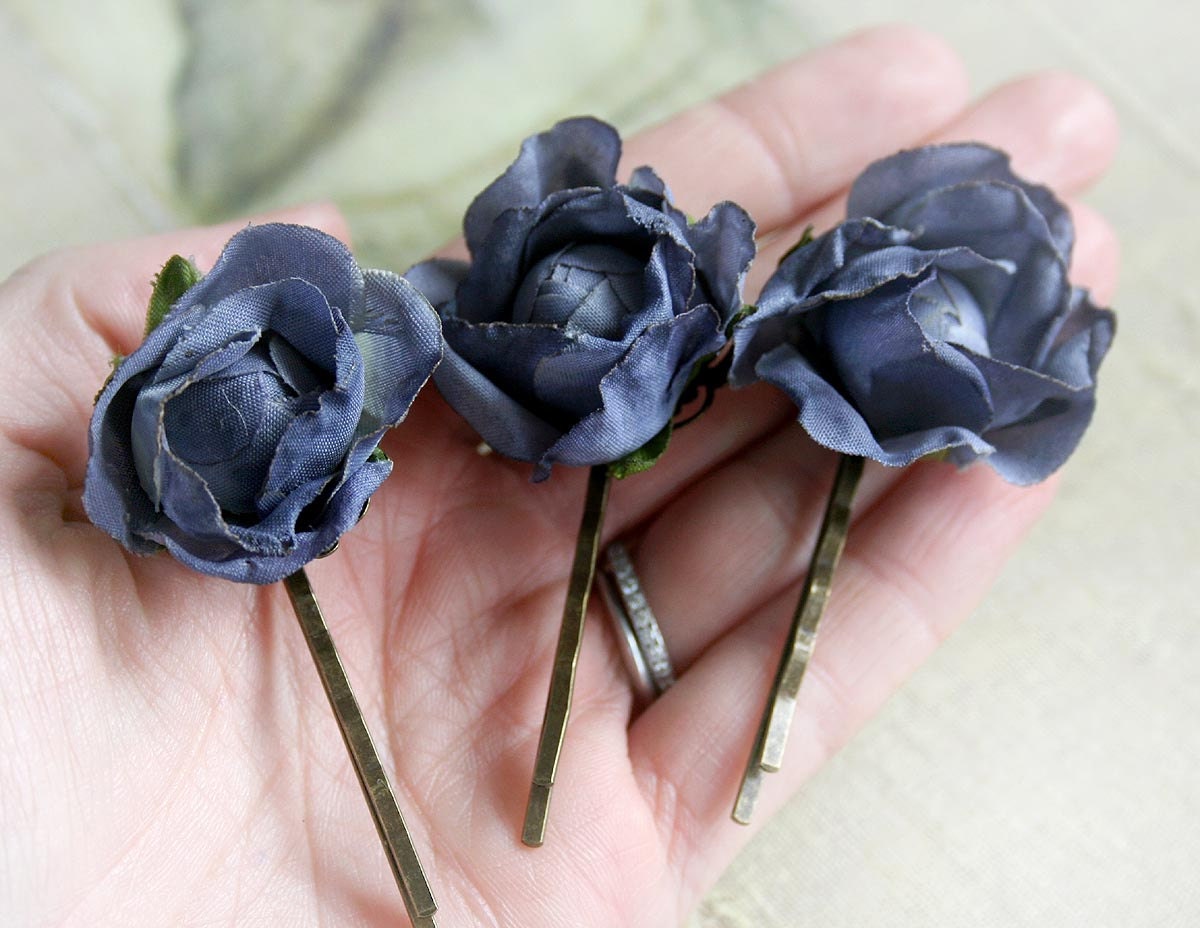 TWILIGHT ROSE three dusky blue silk rose hair pins, hair clips on bobby pins, gift boxed