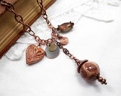 Charm Bead Necklace Beaded Jewelry Handmade Romantic Rustic Metallic Brown Heart Upcycled Crystal Woodland Boho Mixed Media Metal