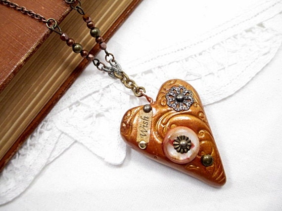 Steampunk Heart Pendant Necklace Beaded Jewelry Upcycled Gold Copper Victorian Lace Goth Vintage Button Wish Stamped Clay Industrial Metals