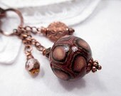 Lariat Necklace Handmade Beaded Jewelry Brown Clay Bead Copper Metal Swarovski Crystal
