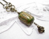 Green Beaded Necklace Handmade Beaded Jewelry Metallic Gold Bead Polymer Clay Bead Green Glass Pearl Brass Metal