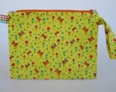 Medium Zippered Wedge Bag - Orange and Brown Birds on Yellow with glass worm bead zipper pull
