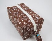 Small Zippered Project Bag - Robots and Gears with glass alien bead zipper pull