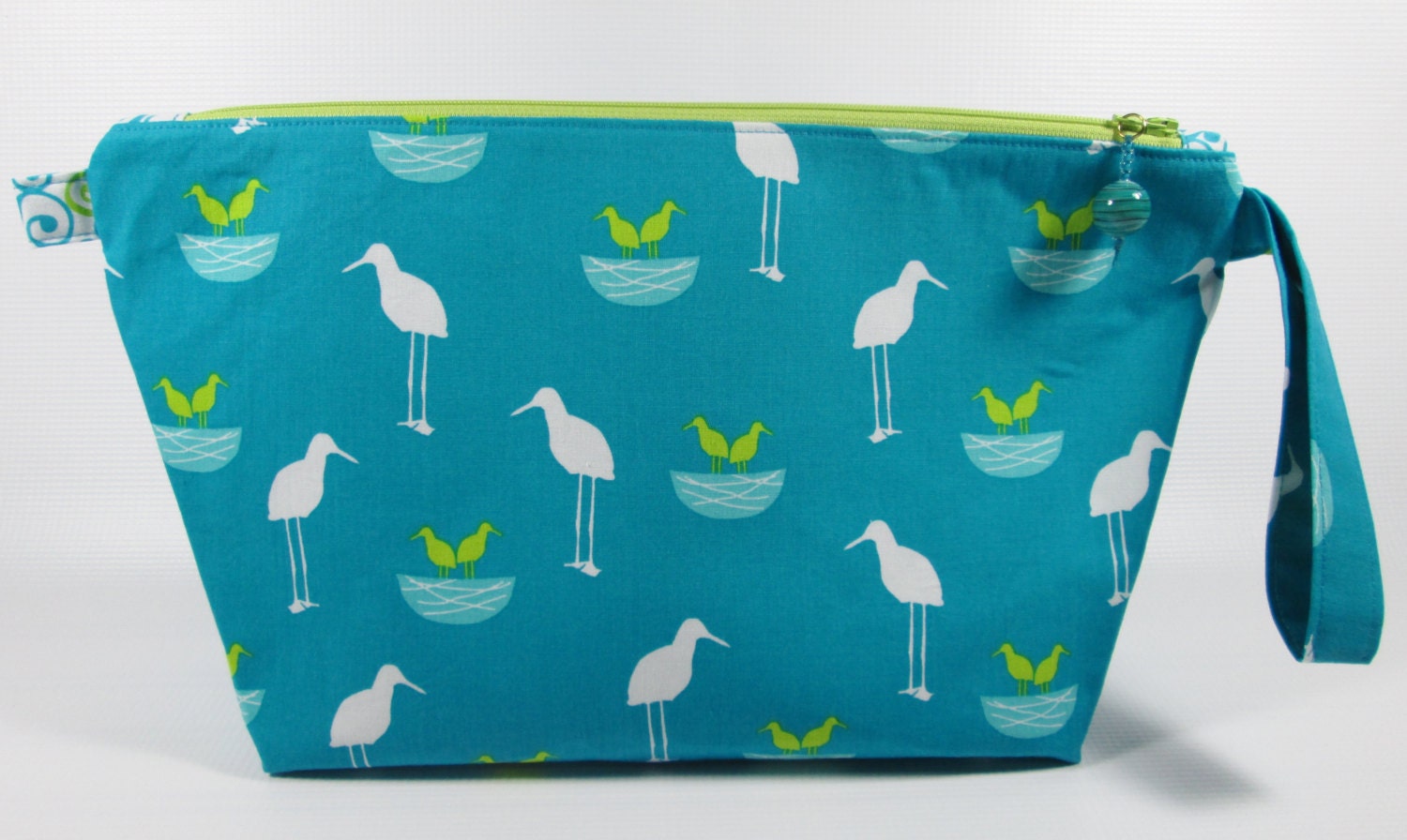 Medium Wide Mouth Wedge - Long Legged Birds and Nests with glass bead zipper pull