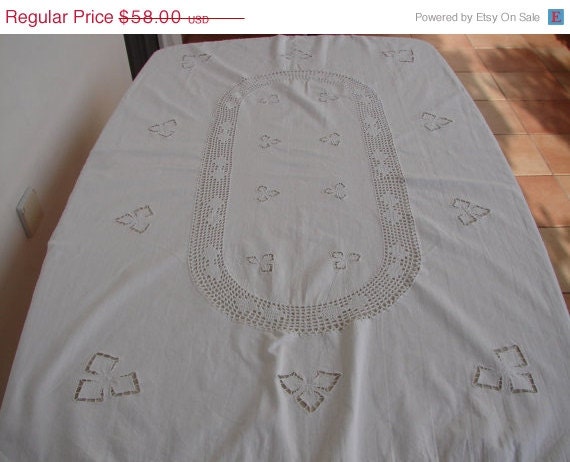 EVERYTHING HALF PRICE Antique French,white cotton & crochet lace,rectangle tablecloth  60'' x 40''