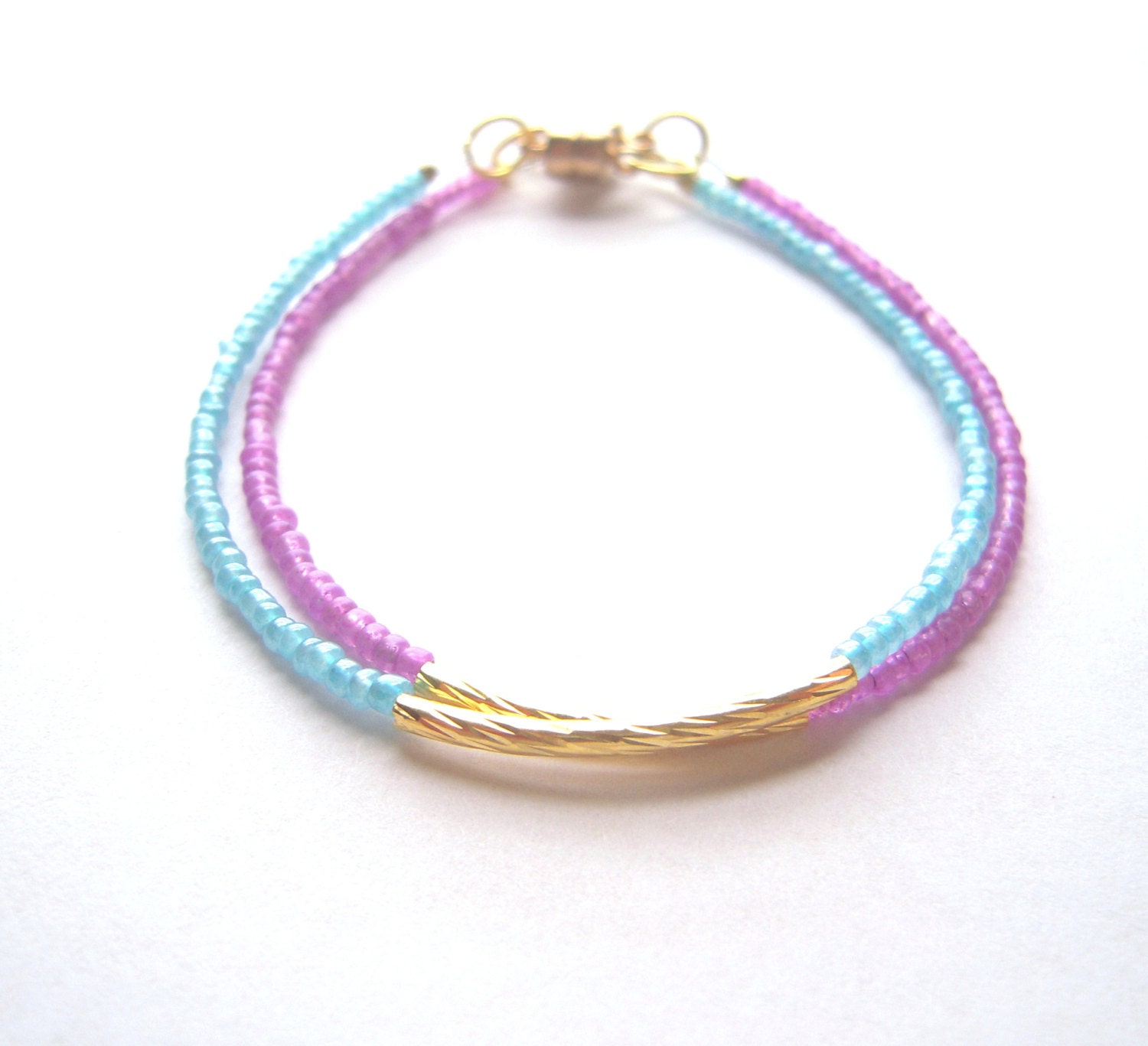 Pretty Double Stack Bead Bracelet - Purple and Pink Beaded Bracelet - Gold Jewlery