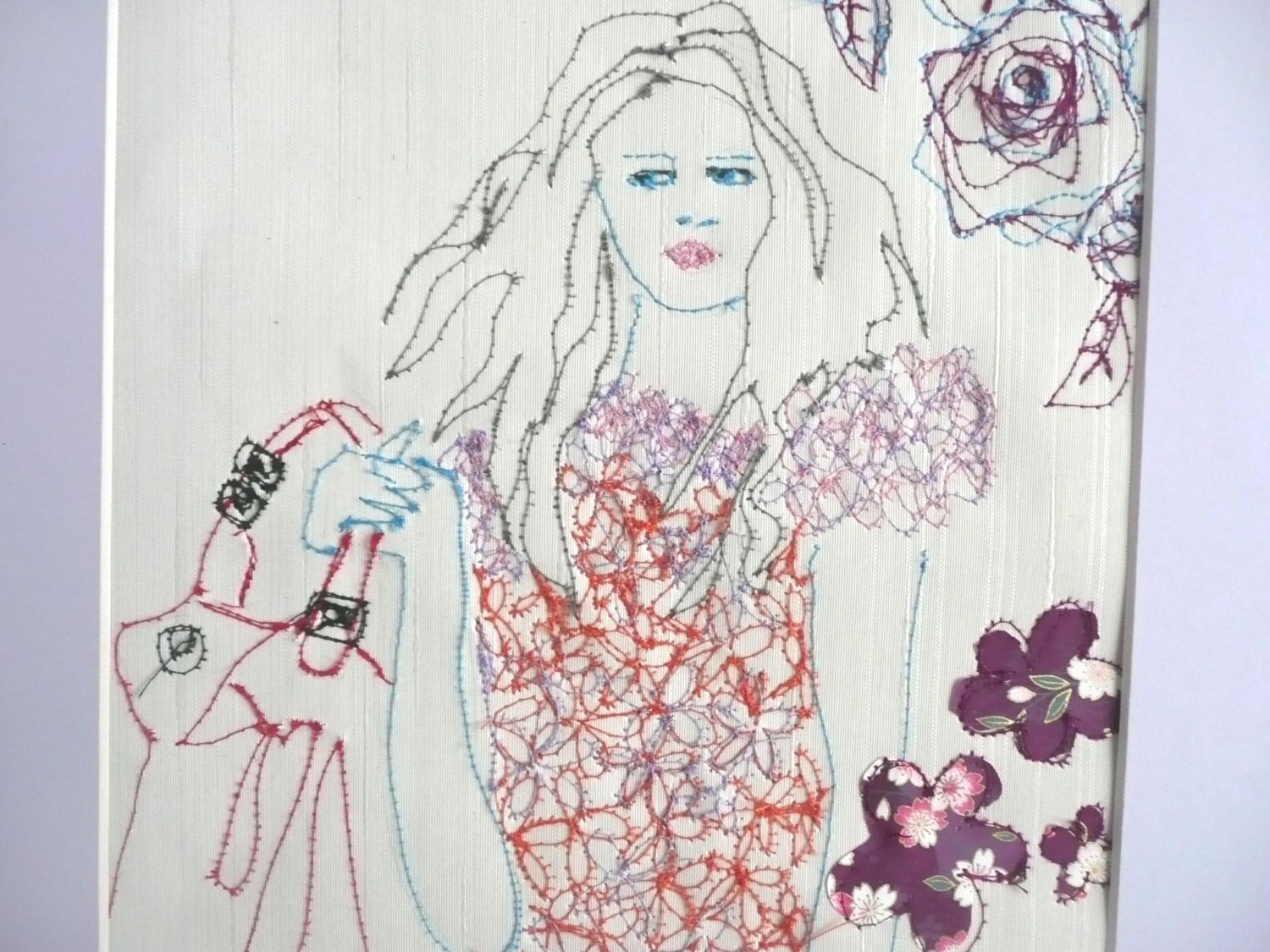 Embroidered fashion illustration - mixed media fashion embroidery - original textile art