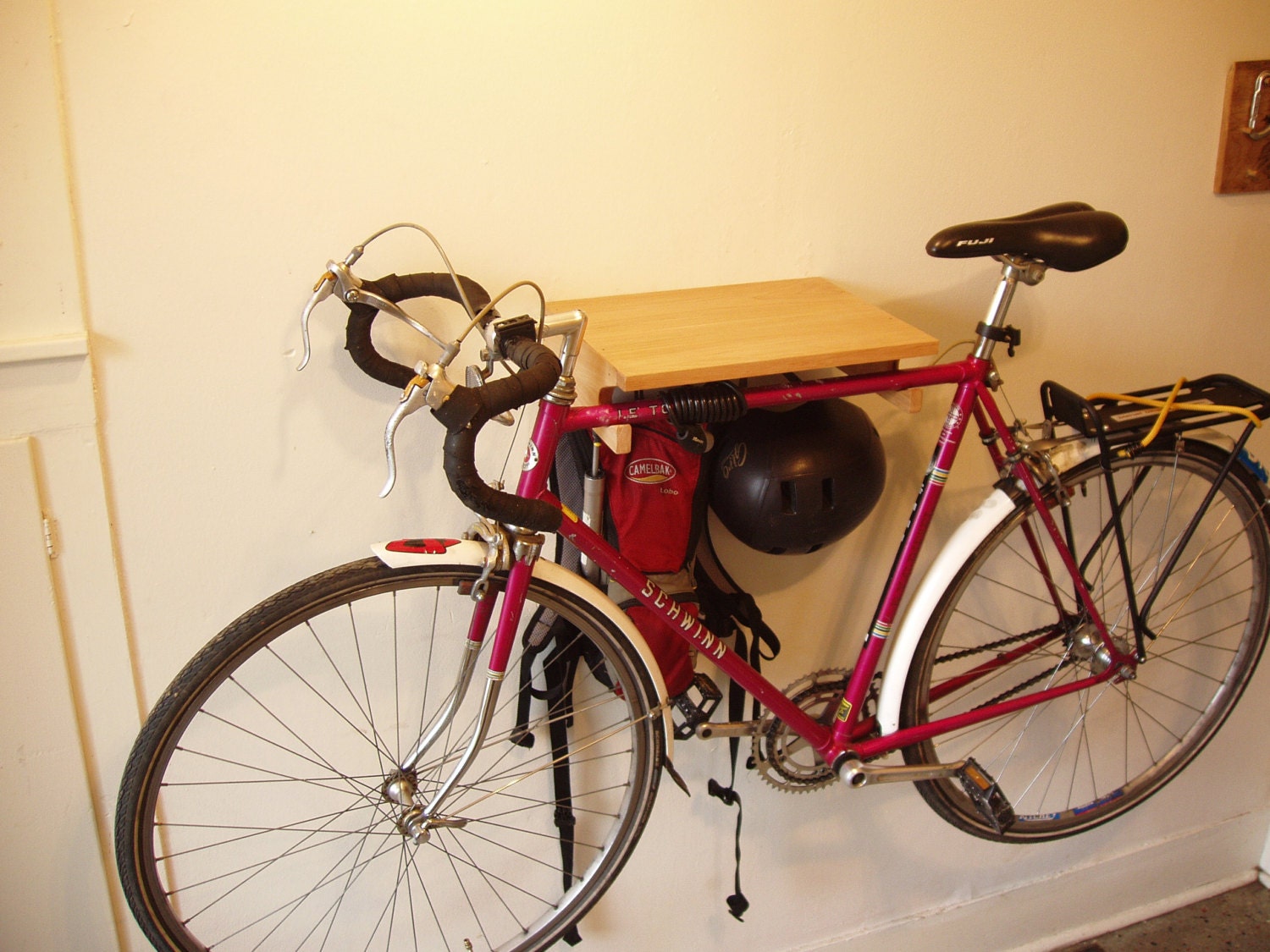 Cantilevered Edge Bike Rack in Maple with Upcycled Spoke Gear Hooks. Free Shipping.