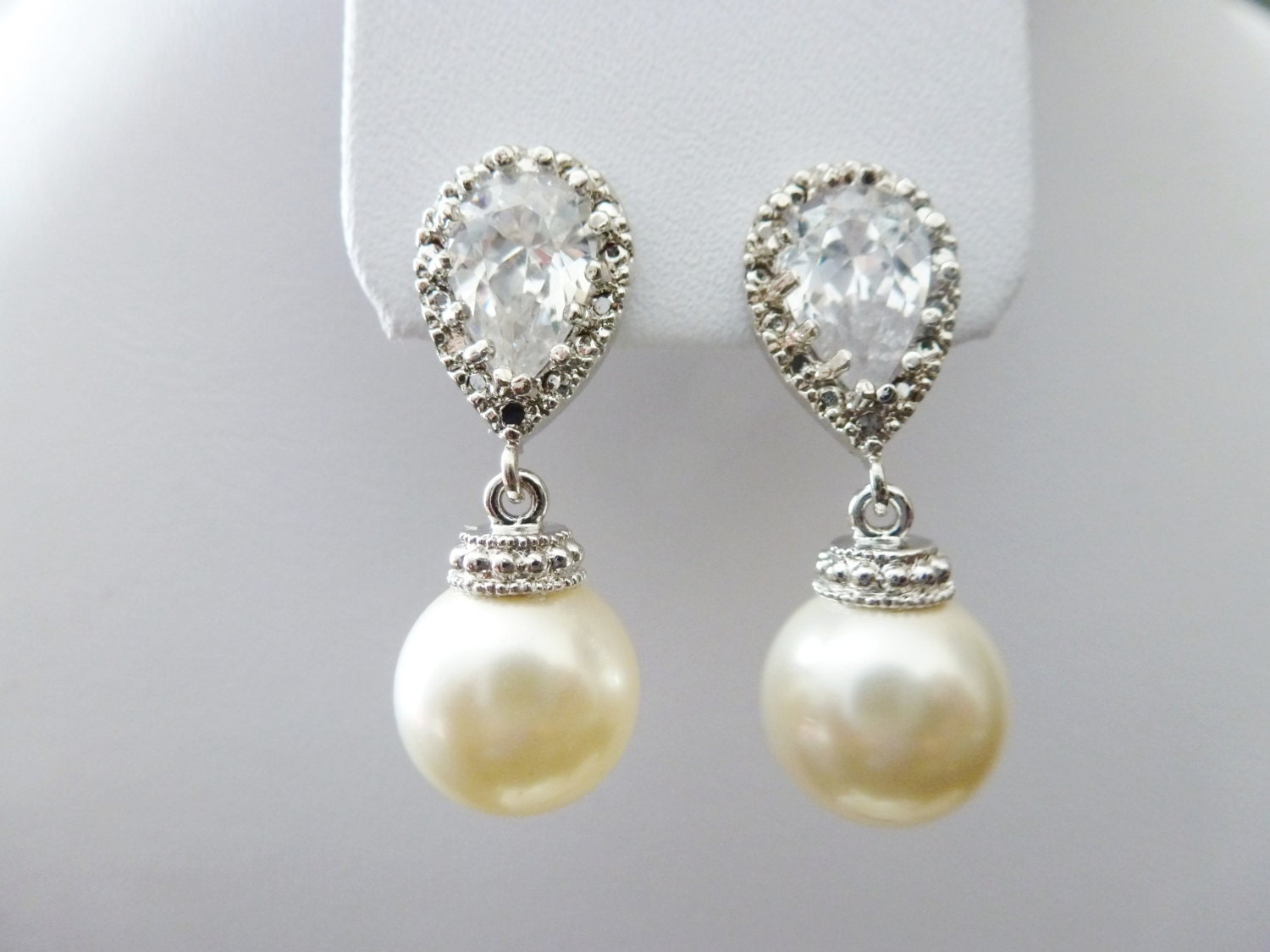 Wedding Earrings Pearl Earrings Cubic Zirconia Post Earrings -Pearl Jewelry -  Bridal Earrings Silver Swarovski Cream Ivory Pearl