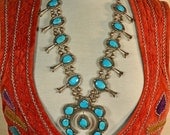 Vintage 70s Navajo Sterling Silver Old Pawn Handcrafted Turquoise Squash Blossom Necklace