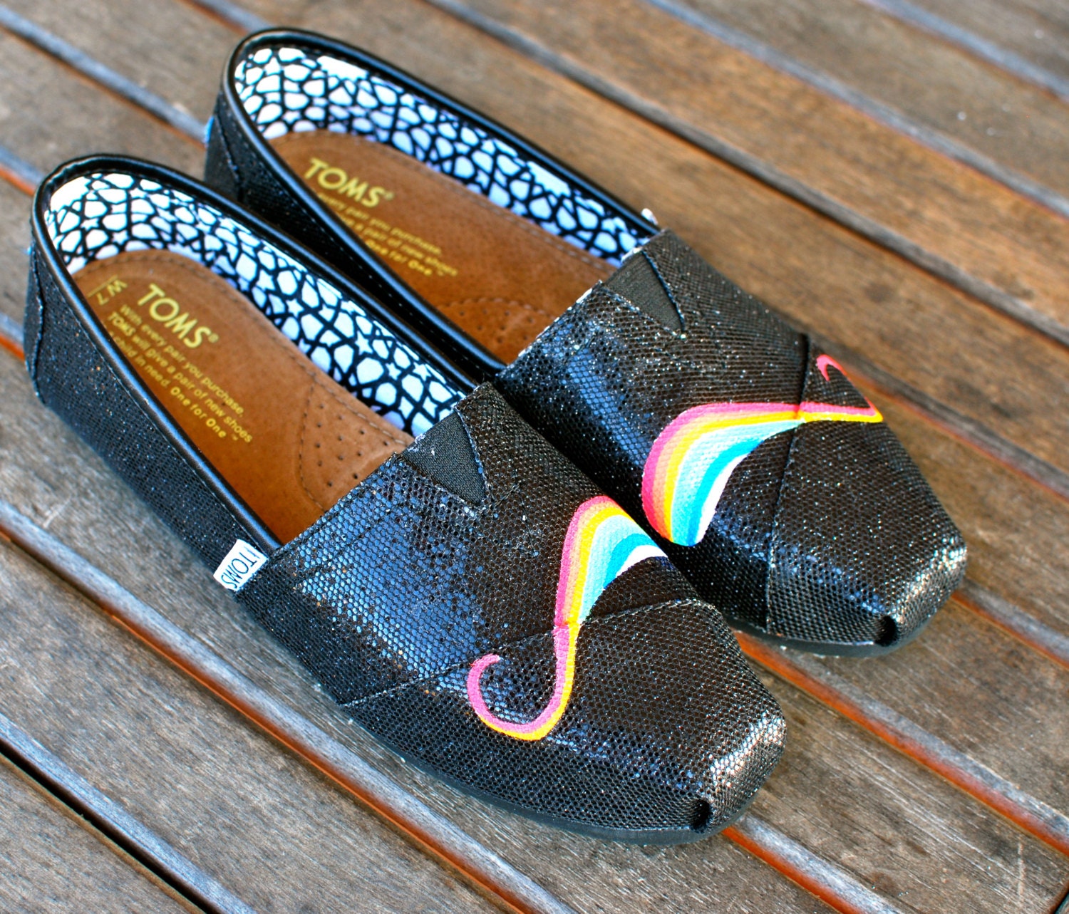 Black Glitter Rainbow Mustache TOMS shoes