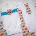 Twins - Baby Boy and Baby Girl Twins Onesie and Burp Cloth Gift Set - Boy Tie Onesie and Coordinating Girl Flower Onesie - Argyle Print