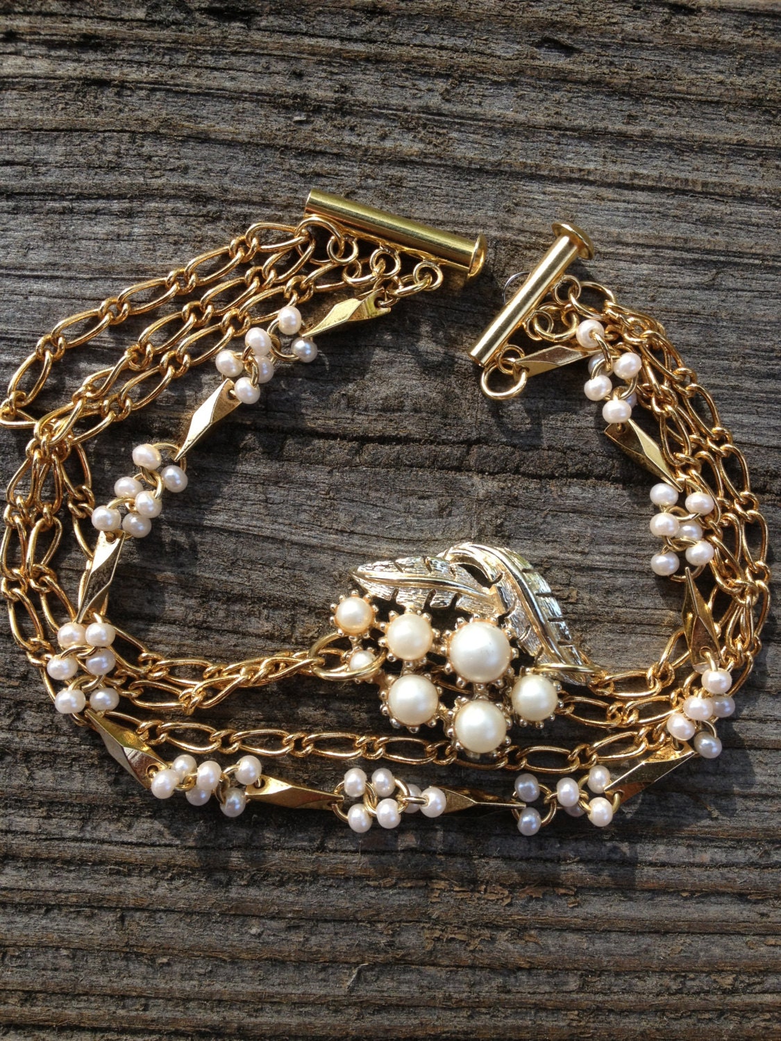 Vintage pearl (former clip on earring) gold chain leaf bracelet bangle drape