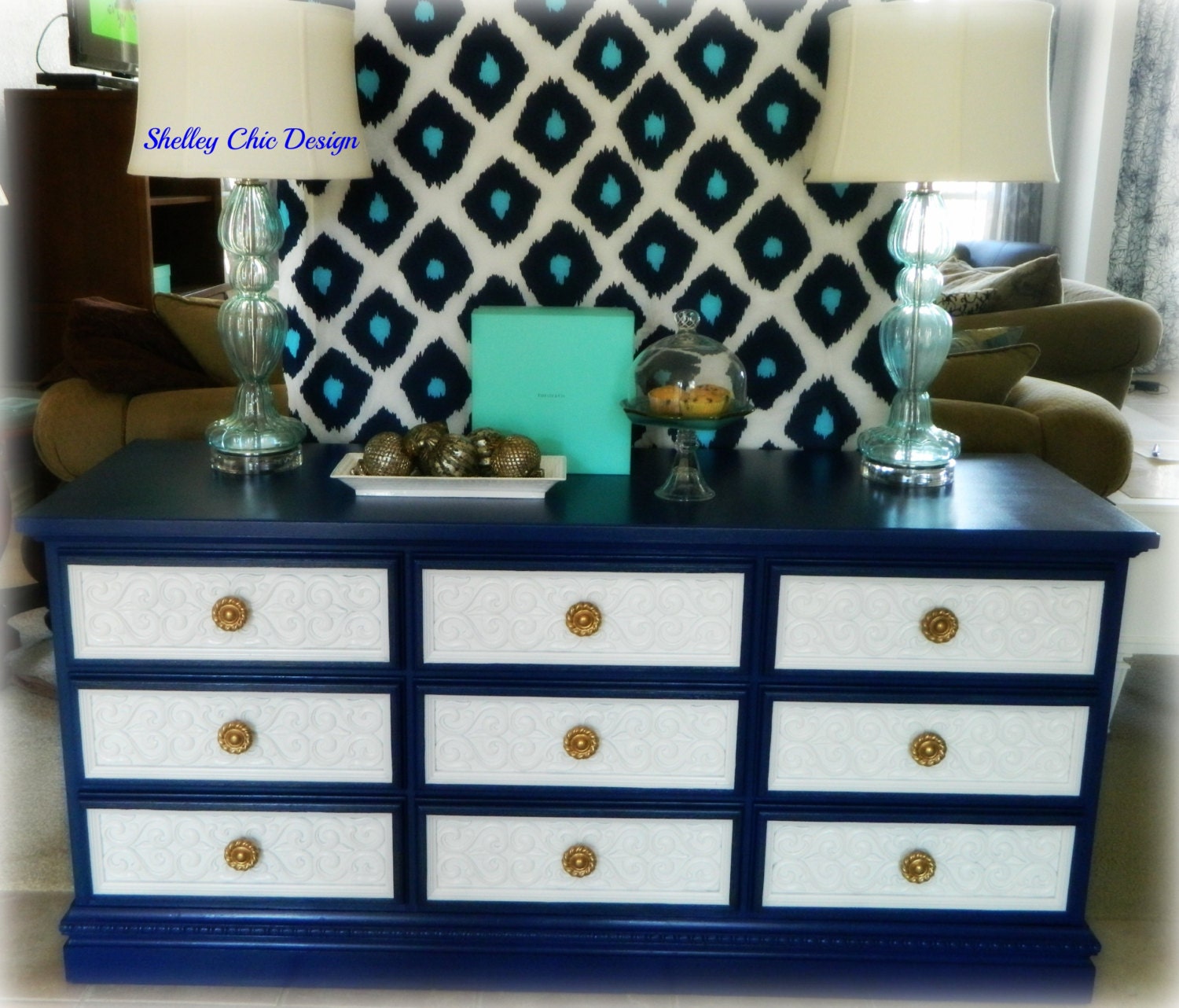 SOLD-Vintage Ornate Dresser in Cobalt Blue & White