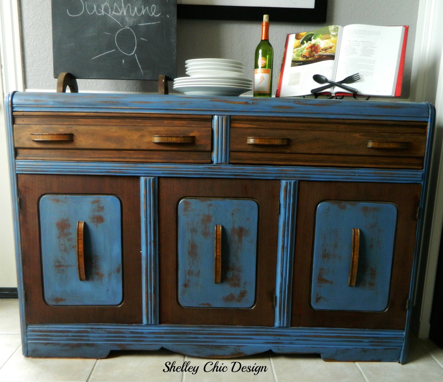 Distressed Art Deco Buffet in Indigo Blue & Natural Wood