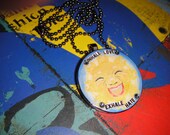 Original Jeanette Whitson Artwork Happy Sun "Inhale Love Exhale Hate" Recycled Poker Chip Pendant Necklace with Swarovski Crystal