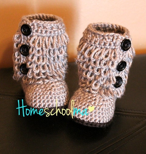 Crochet Ugg inspired Baby Boots Grey (Black sole & Buttons)