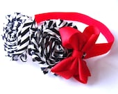 Black and White Striped Shabby Flower with Red Bow Headband- Newborn, Infant, Toddler, Child or Adult