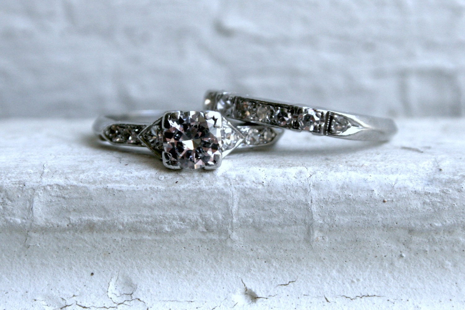 Stunning Antique Art Deco Platinum Diamond Wedding Set - 1.11ct.